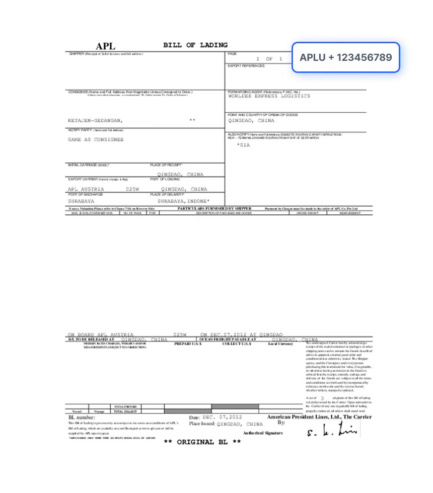 Bill of Lading Document Sample