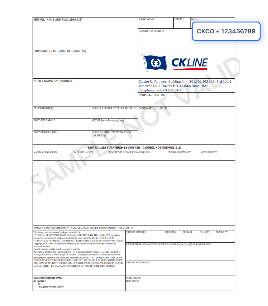 Bill of Lading Document Sample