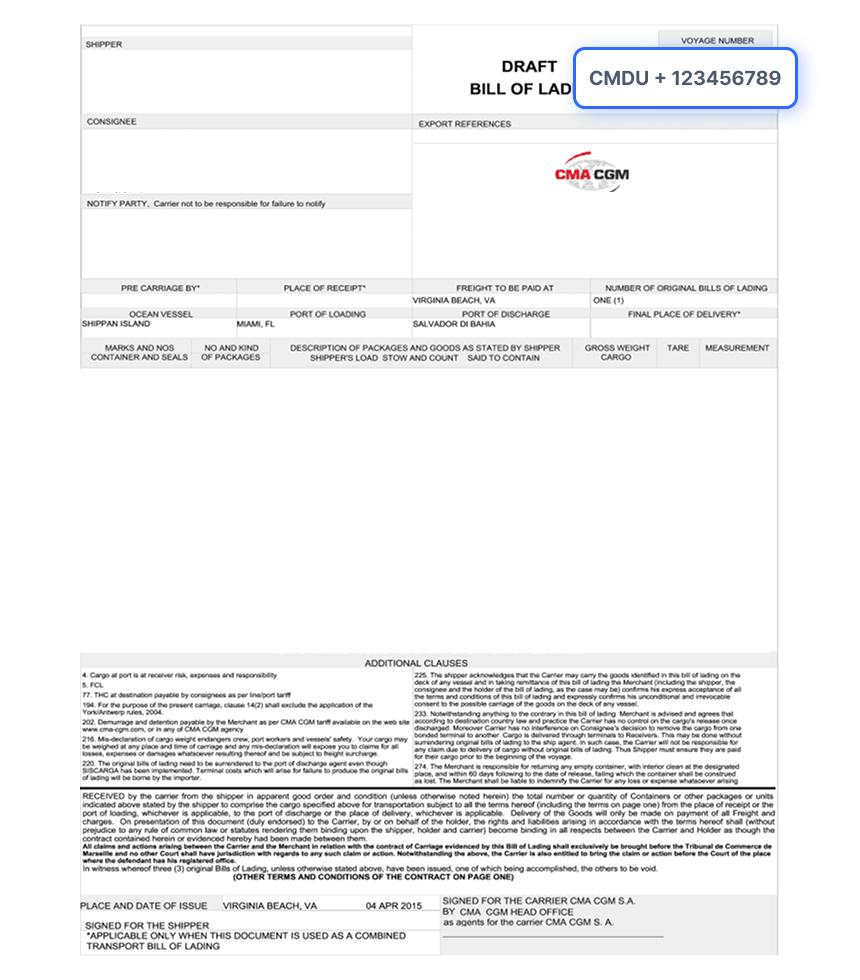 Bill of Lading Document Sample