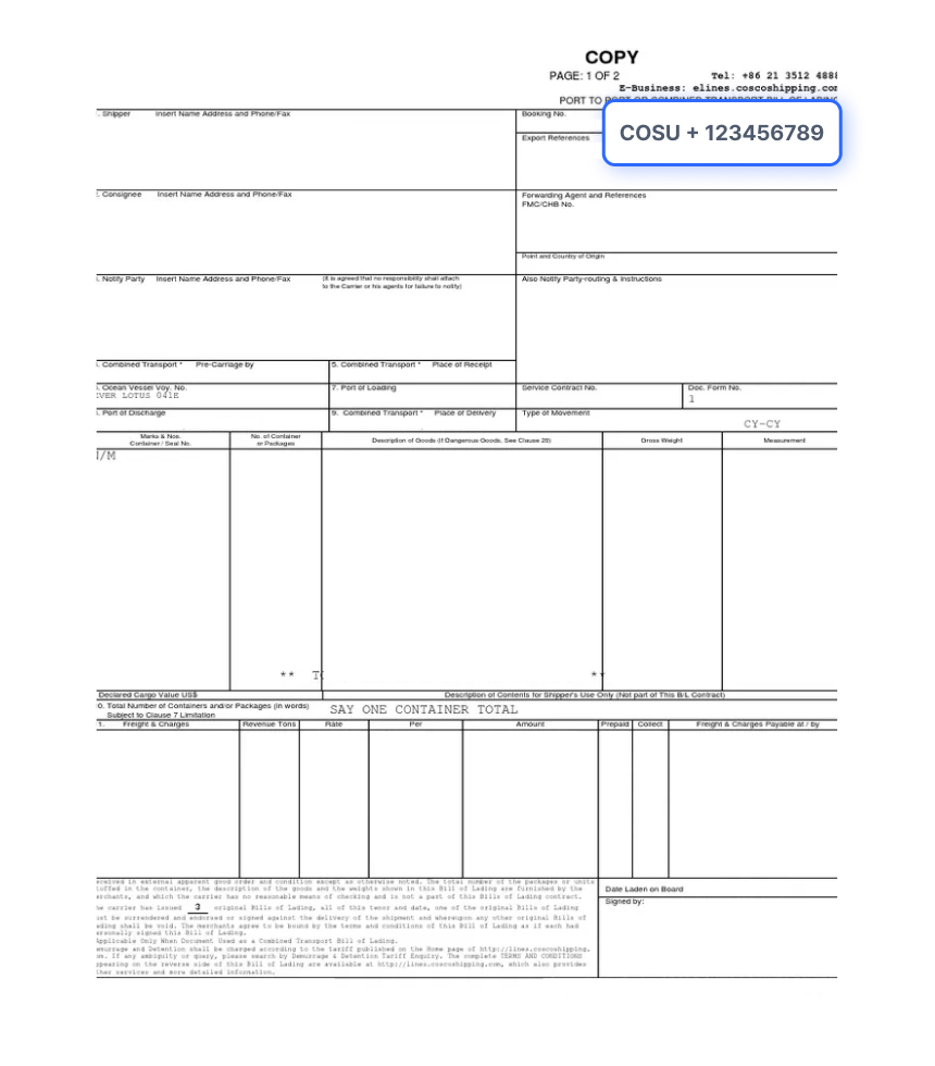 Bill of Lading Document Sample