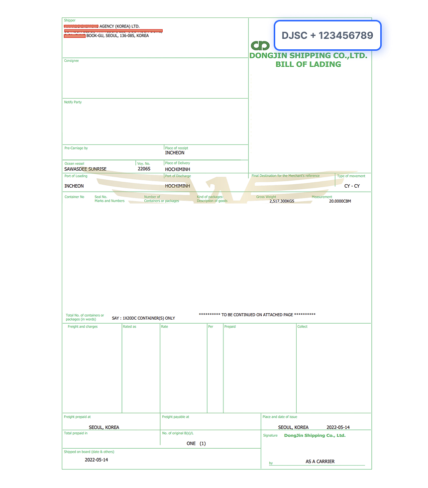 Bill of Lading Document Sample