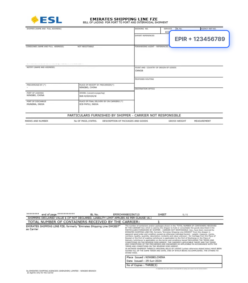 Bill of Lading Document Sample