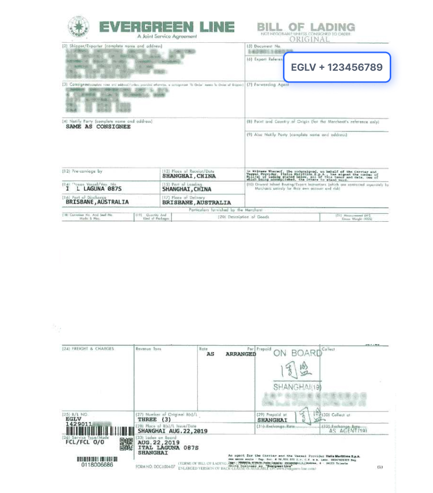 Bill of Lading Document Sample