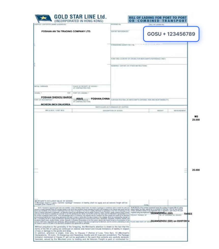Bill of Lading Document Sample