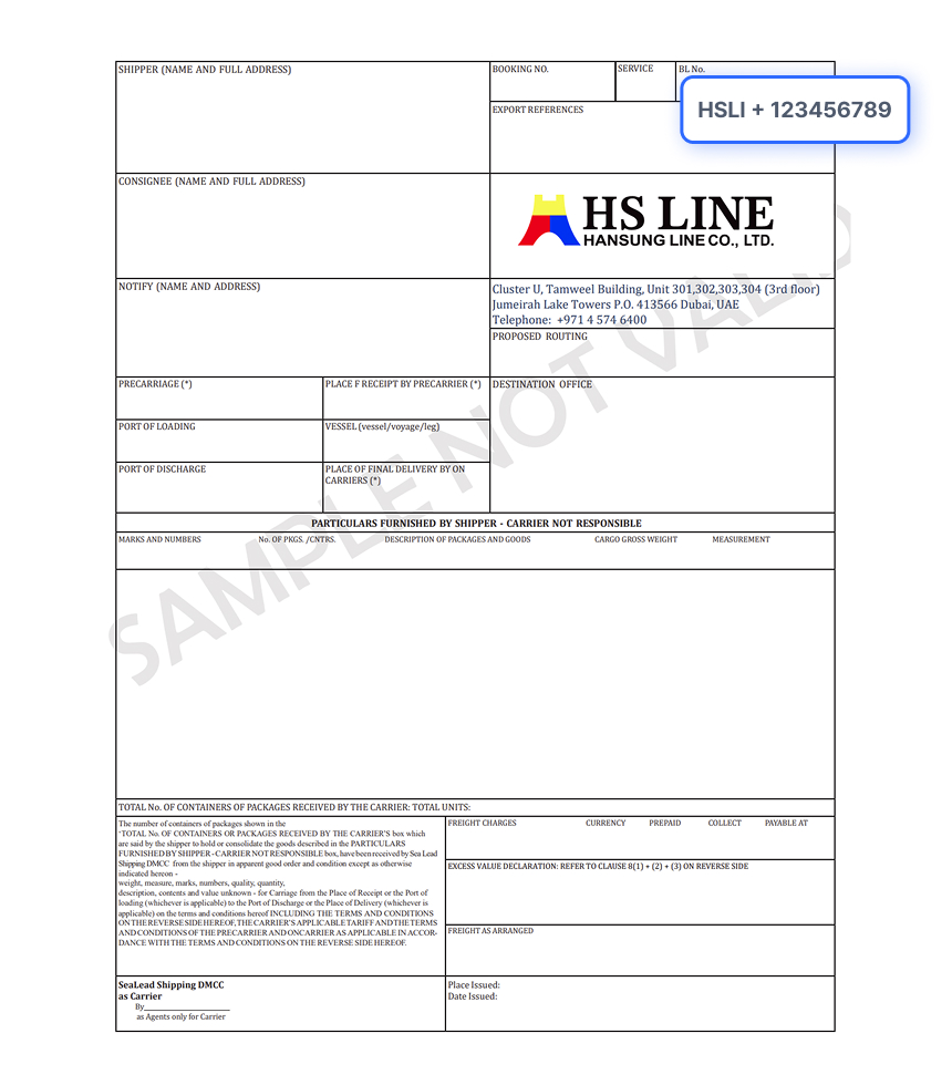 Bill of Lading Document Sample