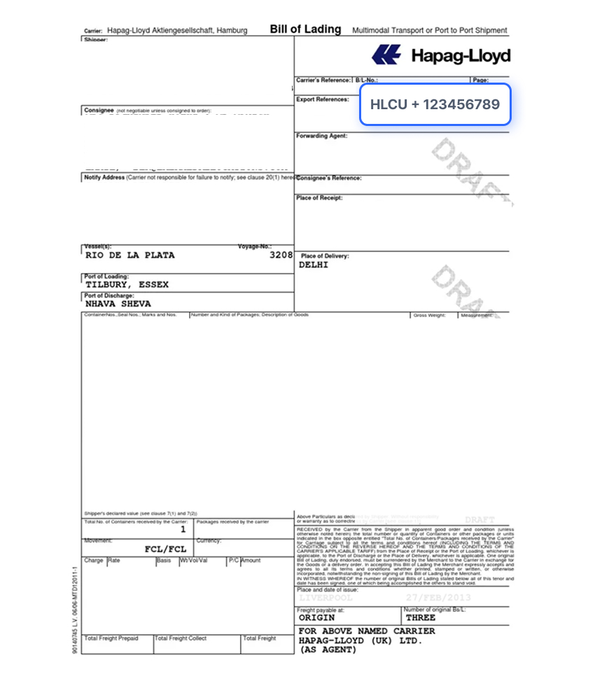 Bill of Lading Document Sample