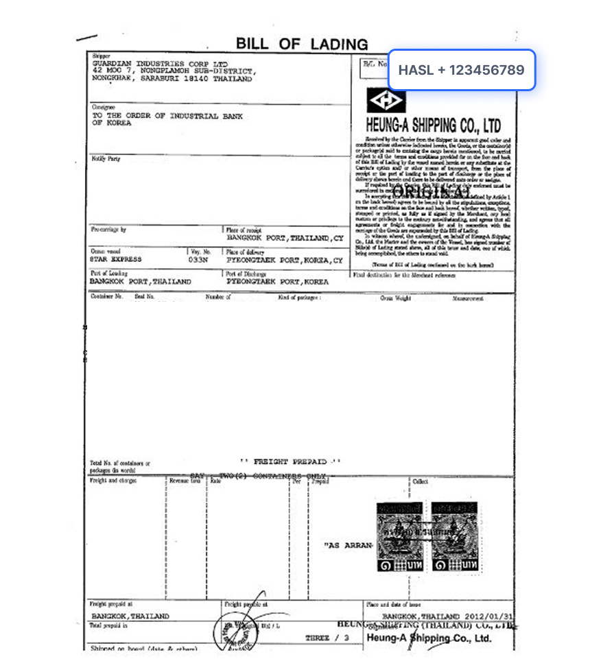 Bill of Lading Document Sample