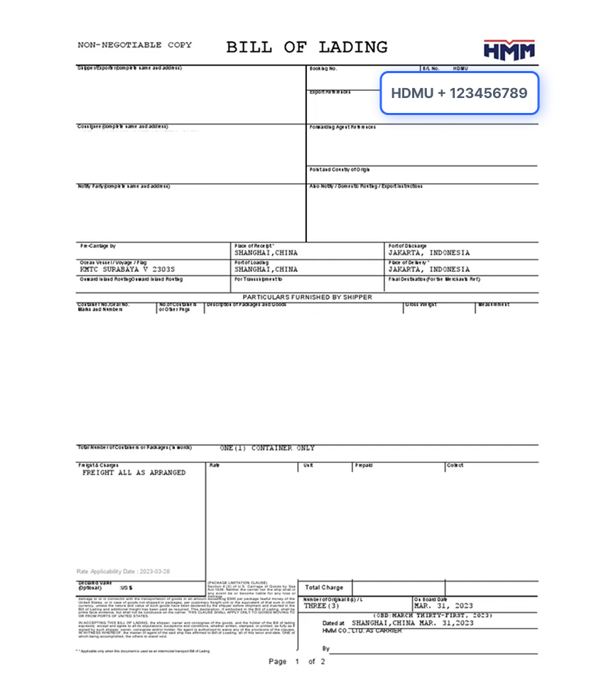 Bill of Lading Document Sample