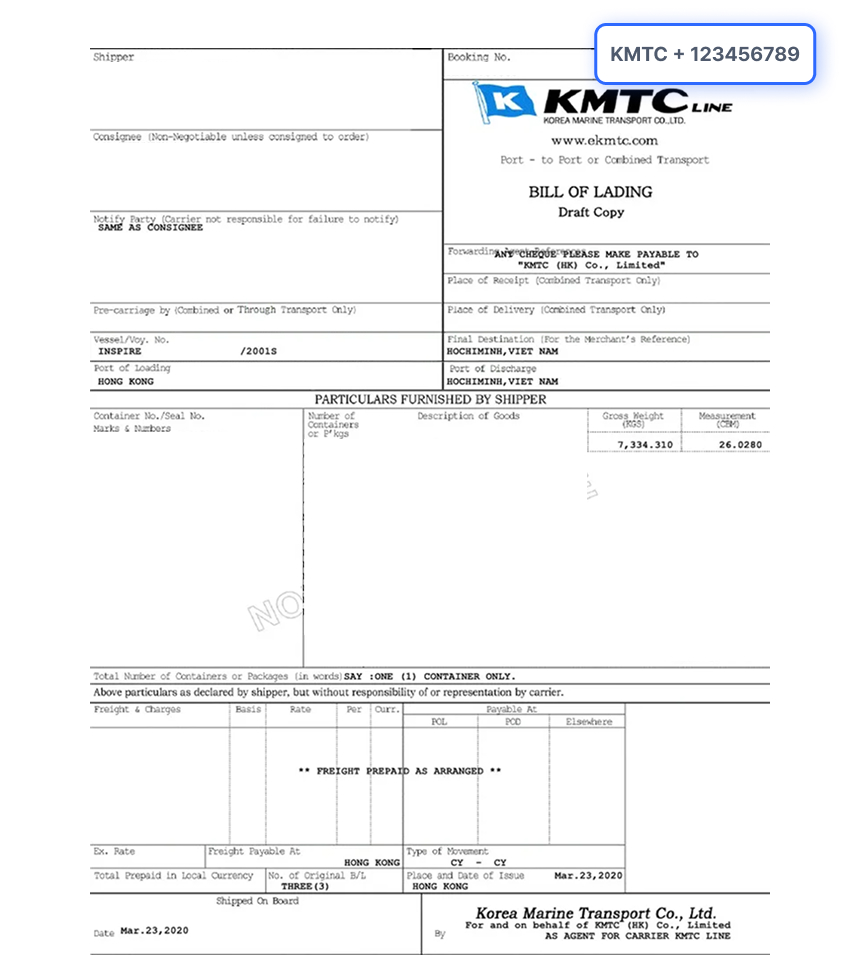 Bill of Lading Document Sample