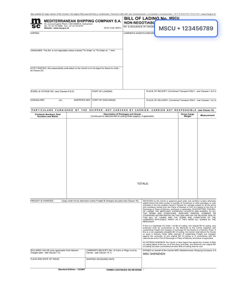 Bill of Lading Document Sample