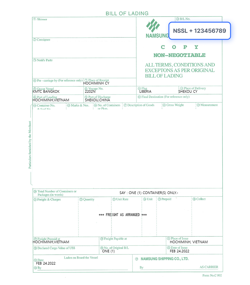 Bill of Lading Document Sample