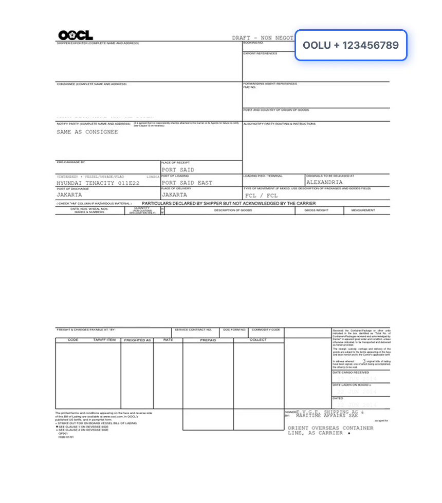Bill of Lading Document Sample