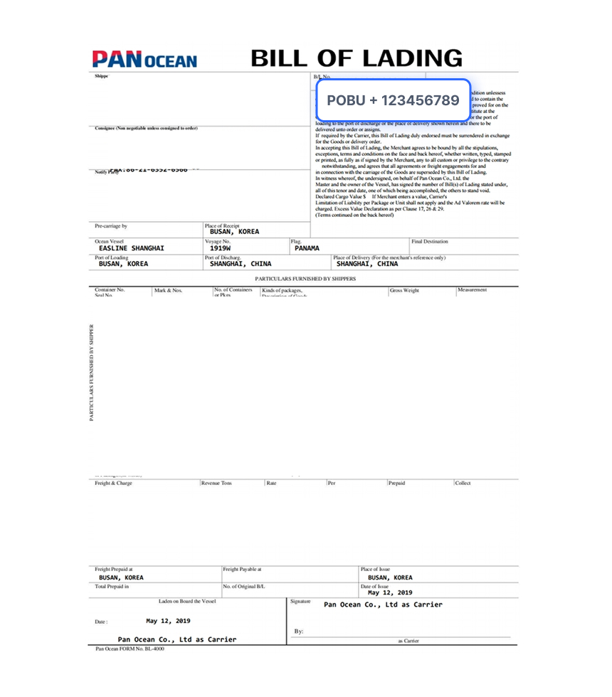 Bill of Lading Document Sample