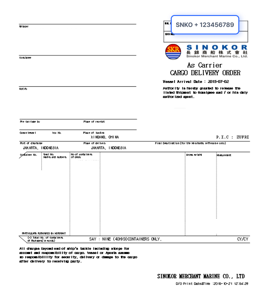 Bill of Lading Document Sample