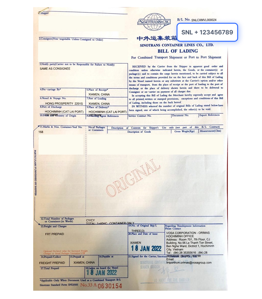Bill of Lading Document Sample