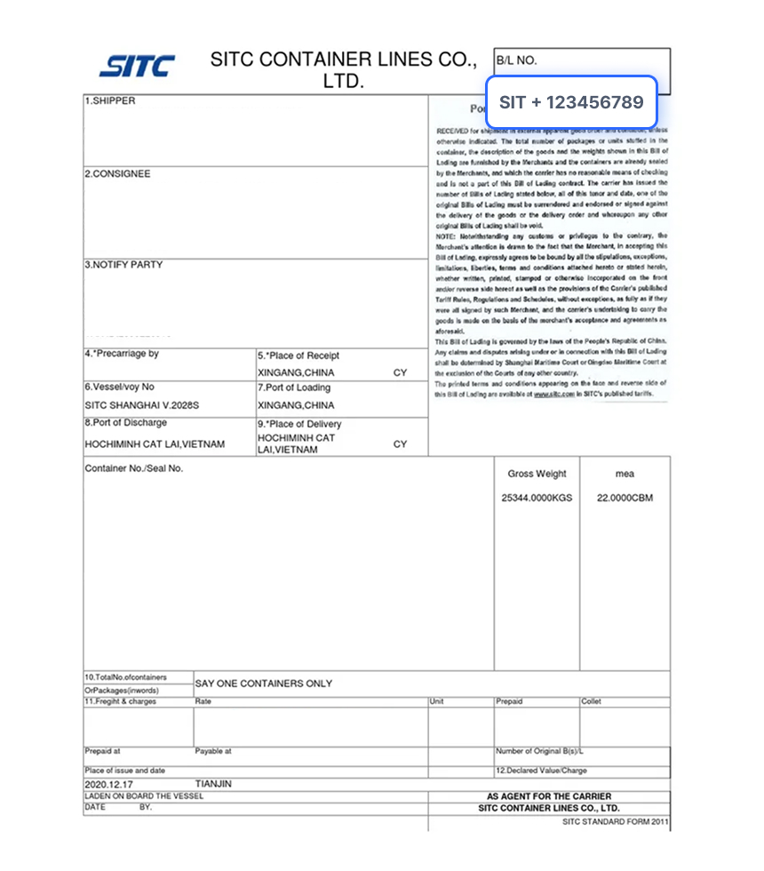 Bill of Lading Document Sample