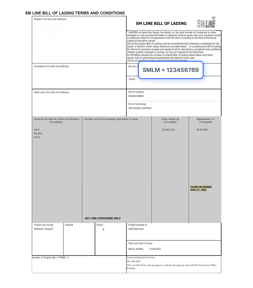 Bill of Lading Document Sample