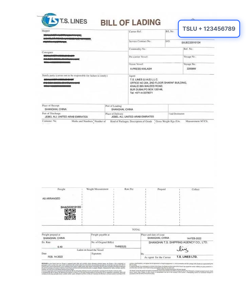 Bill of Lading Document Sample