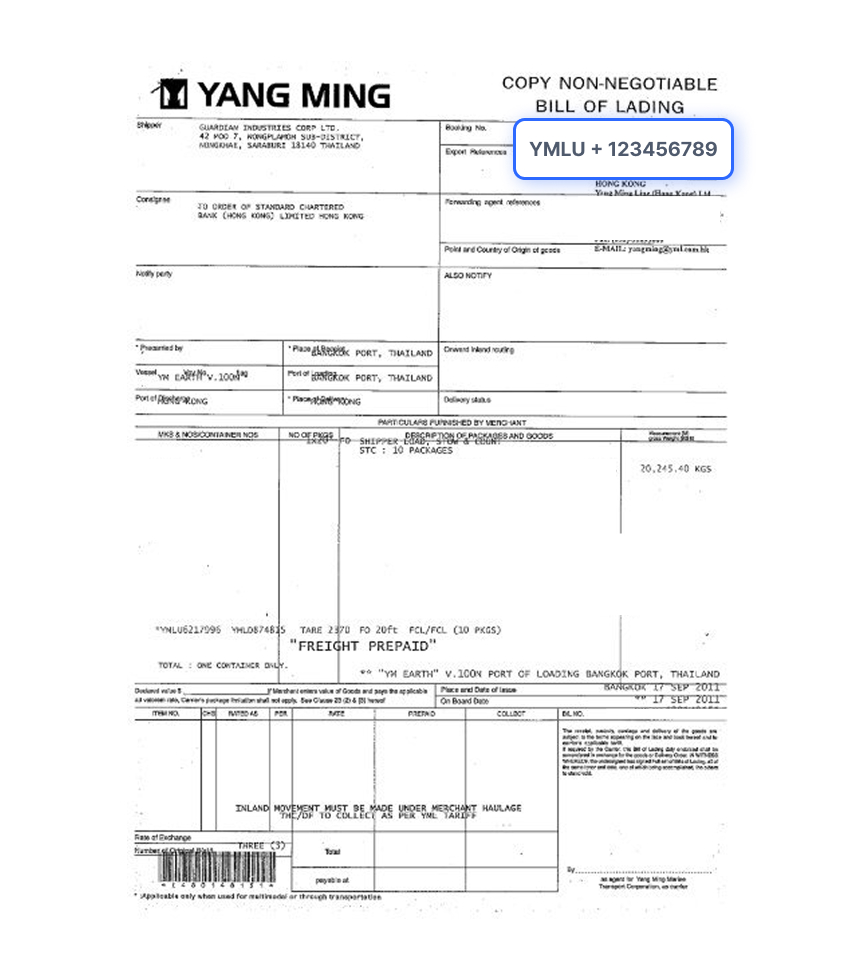 Bill of Lading Document Sample